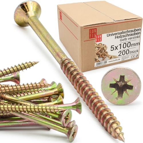 LUN FIX Vite universale, 5,0 x 100 mm, 200 pezzi, con impronta a croce PZ2, testa piatta, viti per legno, zincate, viti multiuso, viti a croce