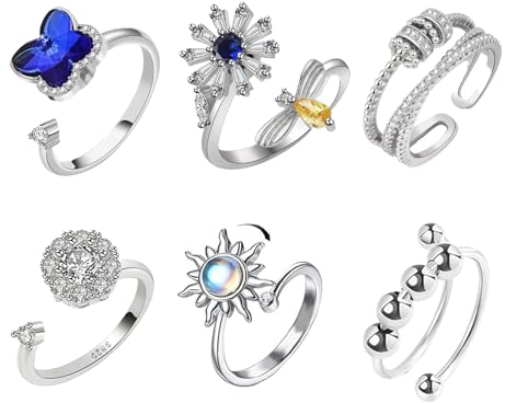 Anxiety Ring,Angst Spinning Ringe für Damen,Offener Ringe Fidget Spinner Ringe,Stressring Silber Ringe,Silber Anxiety Ringe Für Damen,Zirkonia Zappelringe,Verstellbare Stapelbare für Stress Abbauen.