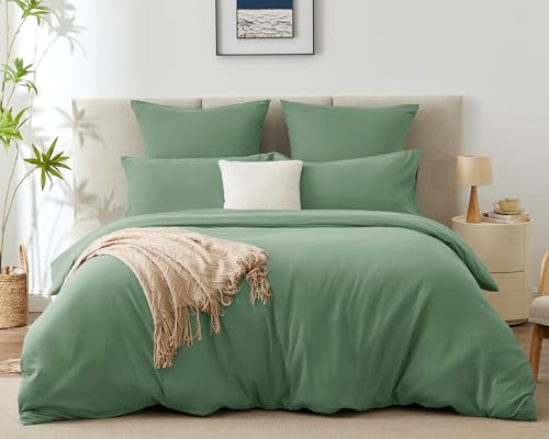 WAVVE Bettwäsche 200x200 3 teilig Salbeigrün - Bettbezug 200 x 200 Set mit Kissenbezüge 80x80 cm, Bettwäsche-Sets 2x2m aus Mikrofaser mit Reißverschluss Weich und Bügelfrei