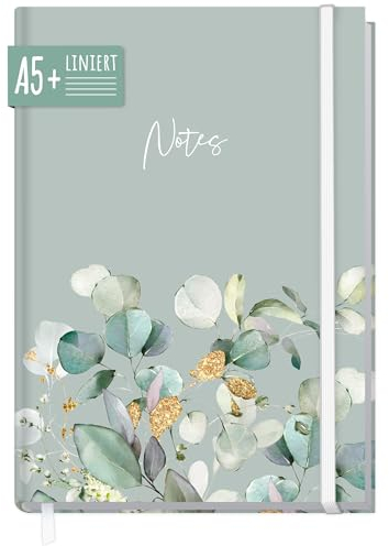 paper&you® Notizbuch A5+ liniert mit Gummiband Minty Leaves 156 Seiten, 78 Blatt - als Bullet Journal, Tagebuch, Notizheft - nachhaltig & klimafreundlich
