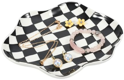 Koythin Jewelry Tray, Ceramic Jewelry Dish Trinket Tray Organizer, Checkered Pattern Aesthetic Decorative for Kitchen, Bathroom (Black and White Checkerboard)