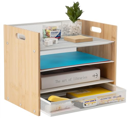 Organiseur de Bureau en Maille à 4 Niveaux avec poignée, bac à courrier en Bambou avec tiroir, organiseurs de Bureau Blancs et Accessoires pour Fournitures Scolaires, de Bureau, de Maison