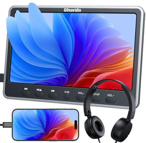 GOnavidio 12,5 Zoll DVD-Player Auto mit HDMI-Eingang, Kopfhörer, Montagehalterung, Doppellautsprecher, DVD Player Auto Kopfstütze, unterstützt Sync Screen, AV EIN- und Ausgang ohne Akku