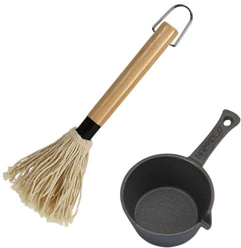 HyzaPhix Cast Iron Sauce Pot and BBQ Mop Brush Set for Grilling, BBQ Basting Set with Saucepan and Brush Barbecue Accessories Meat Smoker Accessories