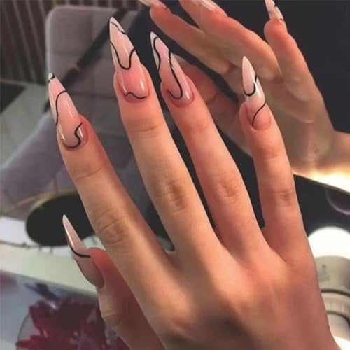 NICENEEDED Long Almond Press on Nails, Nude Fake Nails, Black Line Full Cover False Nails with Deisgns Glossy Acrylic Stiletto Nails Glue on Nails for Women Nails Art Halloween