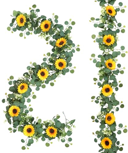 DEMIUKO 2 Stück Künstliche Sonnenblumen Girlande Eukalyptus Blumengirlande Seidenblumen Hängend Kunstblumen Deko Künstliche Blumen Girlande Sonnenblumen Reben für Hochzeit Garten Zuhause Tisch Deko