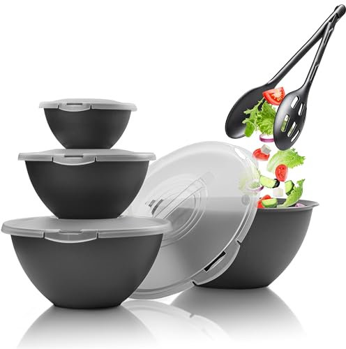 Hausfelder Salatschüssel Set groß mit Deckel und Salatbesteck, Schüsselset 0,7-6 l in Anthrazit Schwarz, große Schüsseln aus Kunststoff, Camping Geschirr (10-teilig mit Salatbesteck)