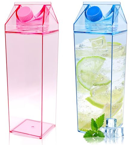 Lot de 2 bouteilles d'eau carrées en plastique bleu et rose de 1000 ml, réutilisables, étanches, pour jus de fruits, thé, sports de plein air, voyage