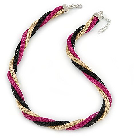 Avalaya Collana in maglia intrecciata nero/oro/fucsia, lunghezza 38 cm, estensione 4 cm