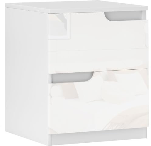 HOMCOM Bedside Table, Bedside Cabinet with 2 Drawers, Modern Side Table with Storage for Bedroom, Living Room, High Gloss White