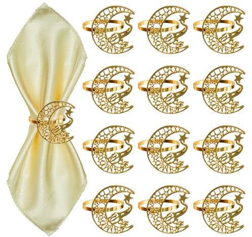 Lot de 12 Ronds de Serviette Ramadan, Lune Creuse doré, Boucles de Serviette Eid Mubarak, décoration de Table pour Banquet, fête, Ramadan, Thanksgiving, Mariage