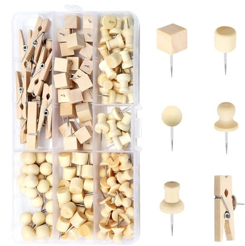 APOMOONS 135 Stück Reißzwecken aus Holz, 6 Größen, Reißzwecken, Holzklammern, Kartennadeln, Markierungsnadeln, Pinnwandnadeln für Korktafeln, rostfreie Reißzwecken für Schule, Büro, Zuhause