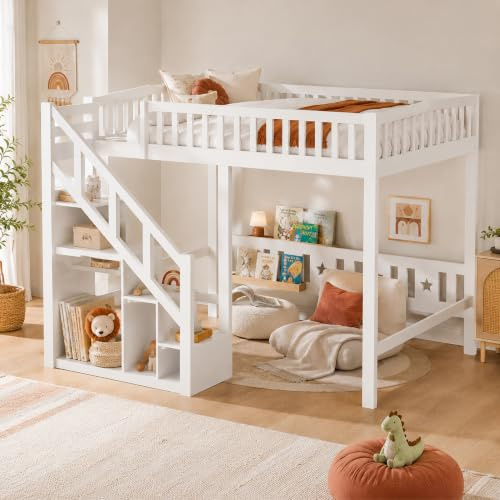 Hochbett 140x200 mit Treppe Kinderbett Etagenbett mit Stauraum und Aufbewahrungsschrank, Stockbett Jugendhochbett mit Rausfallschutz und Lattenrost Doppelstockbett für Erwachsene Jugendliche Kinder