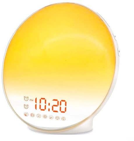 Reloj despertador Sunrise con alarmas duales, radio FM, luz nocturna de 15 colores con simulación de amanecer y 8 sonidos naturales para dormitorio