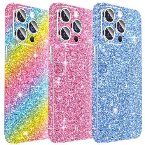 Kucheed 3PCS Sparkling Skin Protector for iPhone, Glitter Shiny Grain Full Cover Edges Sticker, Precise-Fit Back Protector/Luxury Wraps/Bling Phone Decorations for iPhone 15 Pro Max