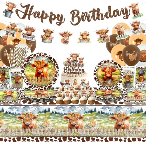 Highland Cow Geburtstag Dekorationen - Braune Kuh Partygeschirr Teller Becher Servietten Pickle Party Tischdecke Happy Birthday Banner Luftballons Kuchen Topper für Western Bauernhof Tiere Supplie