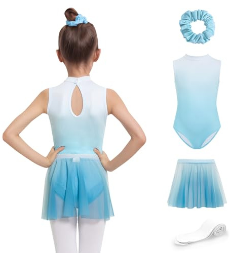 JiAmy Girls Ballet Leotards 4 Pcs Sleeveless Kid Gymnastics Dance Outfits with a Removable Tutu Skirt Ballerina Outfit Dancewear 140,Blue