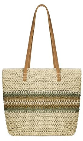 Woodland Leathers Women's Straw Shoulder Bag, Medium & Large Summer Beach Tote with Zipper, Durable Leather Handles, Women Holiday Shoulder Bag with Versatile Styles and Colours (Green Strip)