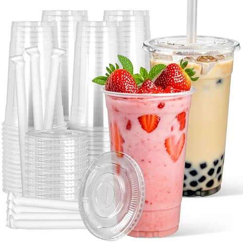Charmount 32 oz Clear Plastic Cups with Lids and Jumbo Boba Straws, Disposable To Go Cups for Iced Coffee, Milkshake, Smoothies, Boba Milk Tea, Matcha Latte – 25 Sets