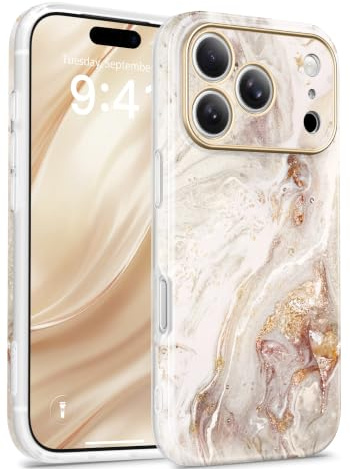 GVIEWIN Kompatibel mit iPhone 17 Pro Hülle 6,3 2025,mit Displayfolie[Kompatibel mit MagSafe][Vollständiger Kameraschutz] Marmor Stoßfest Fallschutz Kratzfest Magnetisch Handyhülle,Perlglanz/Gold
