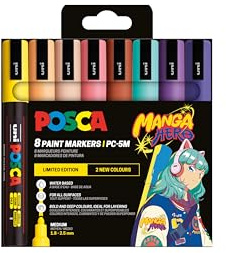 POSCA 182559 - POSCA Manga Hero Marker Set, 8 Acrylic Pens, Permanent Marker with Bullet Tip PC-5M