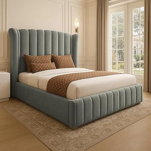 4FT6 Double Ottoman Storage Wingback Bed Frame With Winged Panel Headboard Upholstered In Plush Velvet Grey Bed End Lift - No Mattress (Grey Plush, 4FT6 Double Gas Lift Storage - No Mattress)
