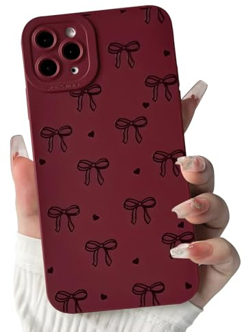 NITITOP for iPhone 11 Pro Case Cute Bow Love Heart, Wine Red | for Women Girls, Aesthetic Ribbon Bowknot Pattern, Color Back Soft TPU Shockproof Cover, Full Camera Protection