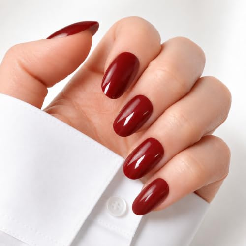 MKM Red Press on Nails, Short Dark Red False Nails for Women, Natural Reusable Glue On Nails with Nail Glue, 15 Sizes Fake Nail Kit