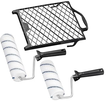 Handelskönig Anti-Spritz-Roller-Set 5-teilig bestehend aus 2 Walzen (25 cm, 18 cm) mit passenden Bügeln & Abstreifgitter 27 × 29 cm