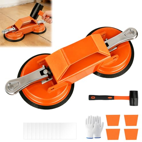 Qivine 17-Teilig Laminatboden Verlegungswerkzeug mit Doppelter Saugnapf | Saugheber Fliesen mit Gummihammer & Klebepads & Handschuhe, Saugheber Laminat für Laminat Vinyl Fliesen Hartholz