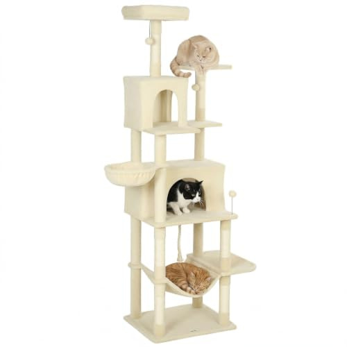 PawHut Cat Tree, 202cm Large Cat Tower for Indoor Kittens, Beige | 6 Scratching Posts, 2 Condos, 2 Perches, 2 Hammocks, Pompoms, Multi-Level Plush Kitty Activity Centre, for Rest and Play