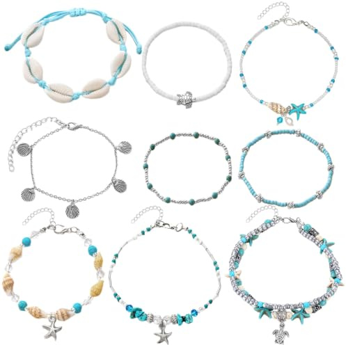 HTTDSLF 9PCS Bracelet de Cheville en Coquillage Bohème, Chaîne de Cheville avec Perles et Coquillages, Chevillères Bijoux, Élastique, Réglable, pour Bijoux Femmes et Filles, Idéal pour l’Été