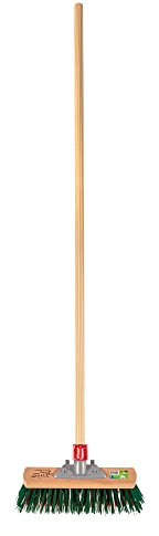 Jazooli Wooden Brush Broom Heavy Duty Stiff Synthetic Plastic Bristles Outdoor Yard Driveway Sweeping Long Handle Garden Maintenance Dirt Gravel Leaves - 11.5
