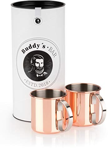 Buddy´s Bar - Moscow Mule Becher, 450 ml, hochwertiger Edelstahl-Becher, lebensmittelecht, Cocktail-Tasse inklusive Geschenkbox, Kupfer Poliert, 2er Set
