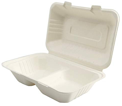 250 Mayax Zuckerrohr Menüboxen - 700ml - 230x153x80mm, 2-geteilt - abbaubare Einweg Klappbox mit Deckel als Alternative zu Plastik – geeignet für Party, Camping, Buffets, Taufen, Catering