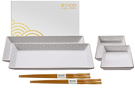 TOKYO design studio Nippon White Sushi-Set weiß, mit Goldrand, 6-TLG., 2X Sushi-Platten 2X Saucen-Schalen, 2X Essstäbchen, asiatisches Porzellan, Japanisches Design, inkl. Geschenk-Verpackung