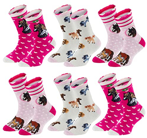 TippTexx 24 Ökotex Kinder Socken, handgekettelt, 6 Paar für Mädchen/Jungen, weiche Baumwolle, viele Muster (Romantik Pferd, 9-10 Jahre)