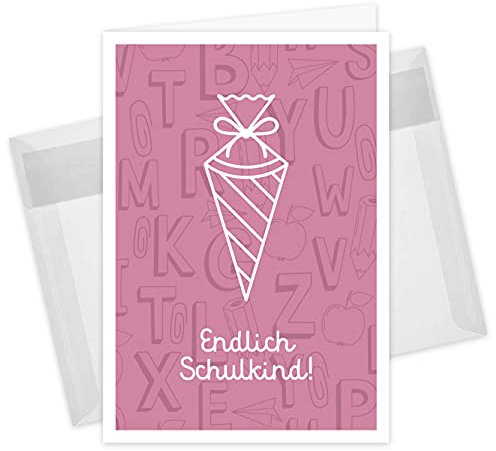 10er Set Einladungskarten & Umschläge, Einschulung, Klappkarten Format B6 (Rosa)