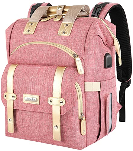 Jiefeike Wickeltasche Rucksack, Baby Jungen Mädchen Reiserucksack Wickeltasche für Papa Mutter, isolierte Taschen, tragbare rosa Baby-Wickeltaschen mit USB-Ladeanschluss, RFID-Diebstahlschutz,