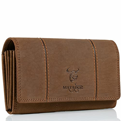 MATADOR XL Portefeuille Femme Cuir veritáble avec Protection RFID testée par Le TÜV | Porte Monnaie Femme avec boîte Cadeau | Porte Feuilles pour Femme Grande capacité | Grand Format Marron Clair