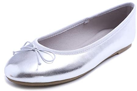 Feversole Women's Macaroon Colorful Memory Foam Cushion Ballet Flat Pumps Patent Silver UK Size 7