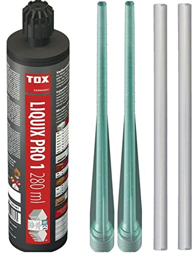 Tox Liquix Pro 280 ml | 2K Injektionsmörtel | Verbundmörtel | Chemiedübel Beton & Mauerwerk2x Mischer | Schwerlastbefestigung | Montagemörtel Klebeanker (1x 280ml) +2x Statikmischer+ 2x Verlängerungen