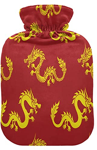 ALAZA Rot Gelb Drache Wärmflasche mit Bezug 1L Transparent Wärmbeutel Handfüße Wärmer