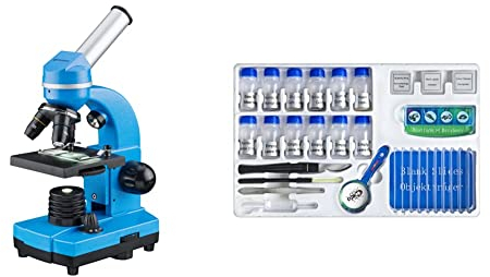 Bresser Junior Schülermikroskop BIOLUX SEL mit Smartphonehalter, blau & Bresser Junior Experimentier-Set zum Einstieg in die Mikroskopie mit Objektgläsern, Lupe, Mikroskopierbesteck