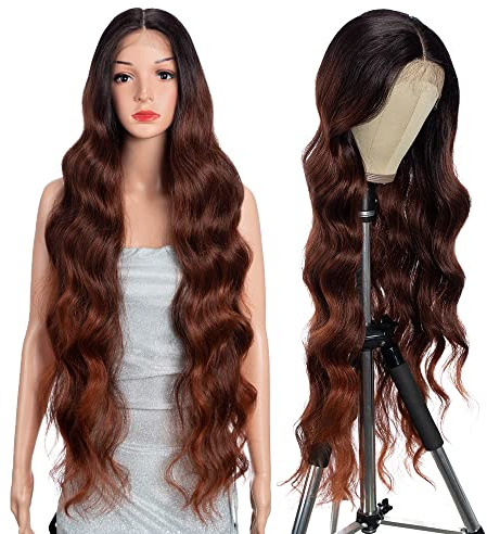 Style Icon Reddish Brown Lange Wellig Perücke - Synthetische Lace Front für Damen 91 cm Super Lange Körperwelle mit Babyhaar 13x5x1 Mittelscheitel Spitze Hitzebeständige Faser