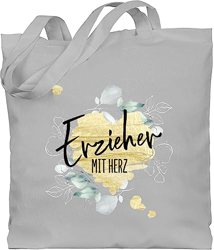 Baumwolltasche - Taschen - Erzieher mit Herz - Unisize - Hellgrau - geschenk für die erzieherin erziehertaschen kindergärtner erzieherinnen tasche erzieherabschied beutel abschied stoffbeutel