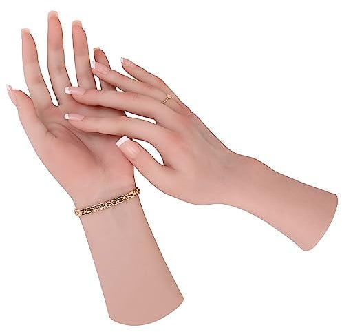 MOTLEYBEAN Realistic Silicone Female Hand Life Size Female Model Hand for Showing Jewelry Nail Art Practice Halloween Costume Prosthetics with Acrylic Nails (Ivory,pair hand-Without skeleton), Ivory,