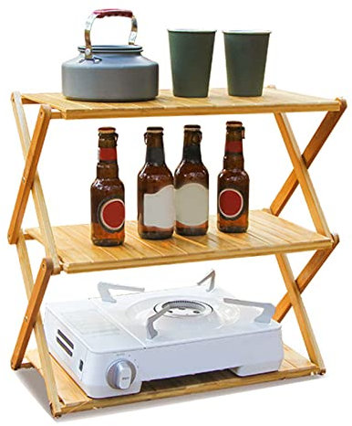 Kufoo Étagère en bois pliable, grande capacité, forte capacité de charge, étagère en bois de bambou pliable pour pique-nique (3 couches)