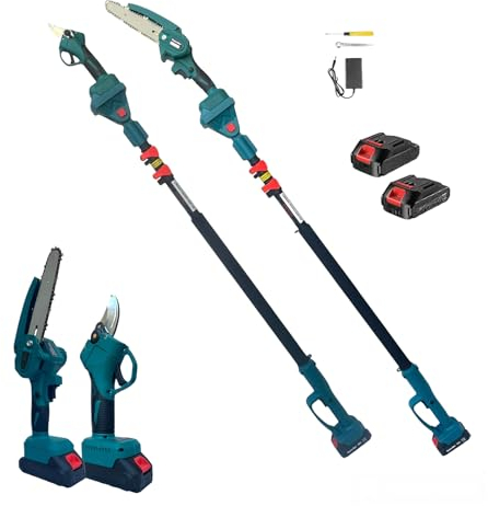 Kit 3 in 1 da Potatura Mini Motosega a Batteria 6 + Forbice Cesoia a Batteria + Asta Telescopica 128-248cm con Doppia Batteria 36V per Potatura Giardino Rami Arbusti Vigneto