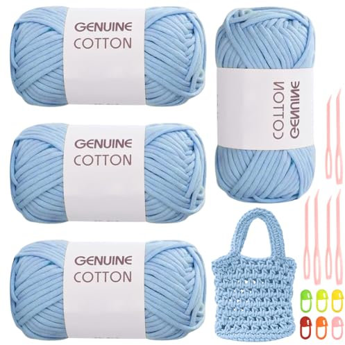 RANJIMA Hellblaues Garn, 4 Stück Einfach Garn, Häkelgarn für Anfänger, Gut Sichtbare Maschen Garns Zum Häkeln mit Häkelzubehör, Baumwoll-Nylon-Garns für Kleidung, Decken, Taschen, Pullover